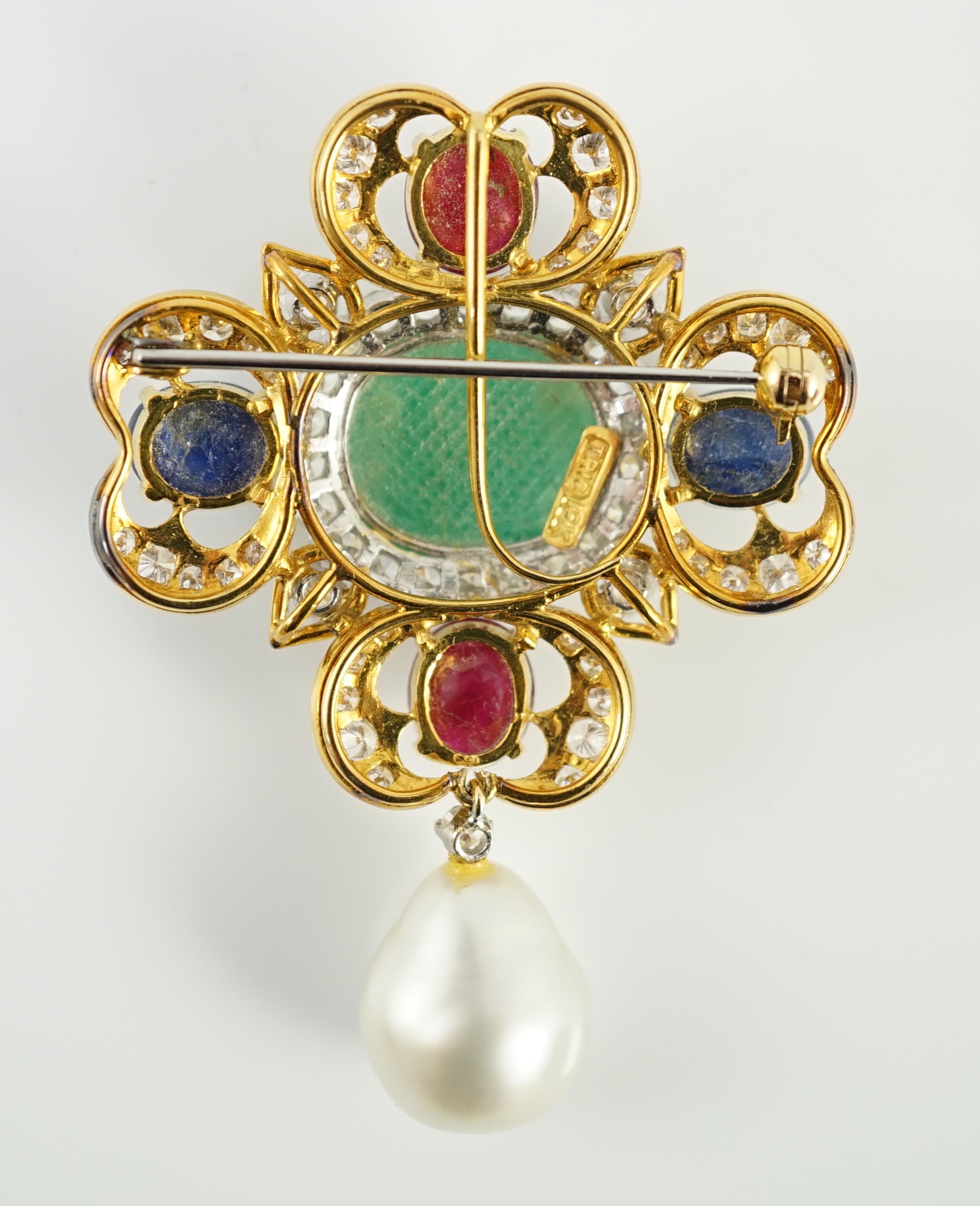 A mid 20th century 18k gold ‘four leaf clover’ emerald, cabochon sapphire, cabochon ruby and baroque pearl set drop pendant brooch, by Trio Pearl Company, Hong Kong